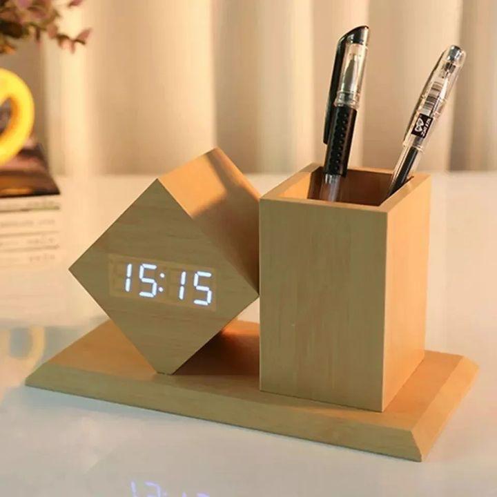 Wooden Pen Holder and Digital Clock